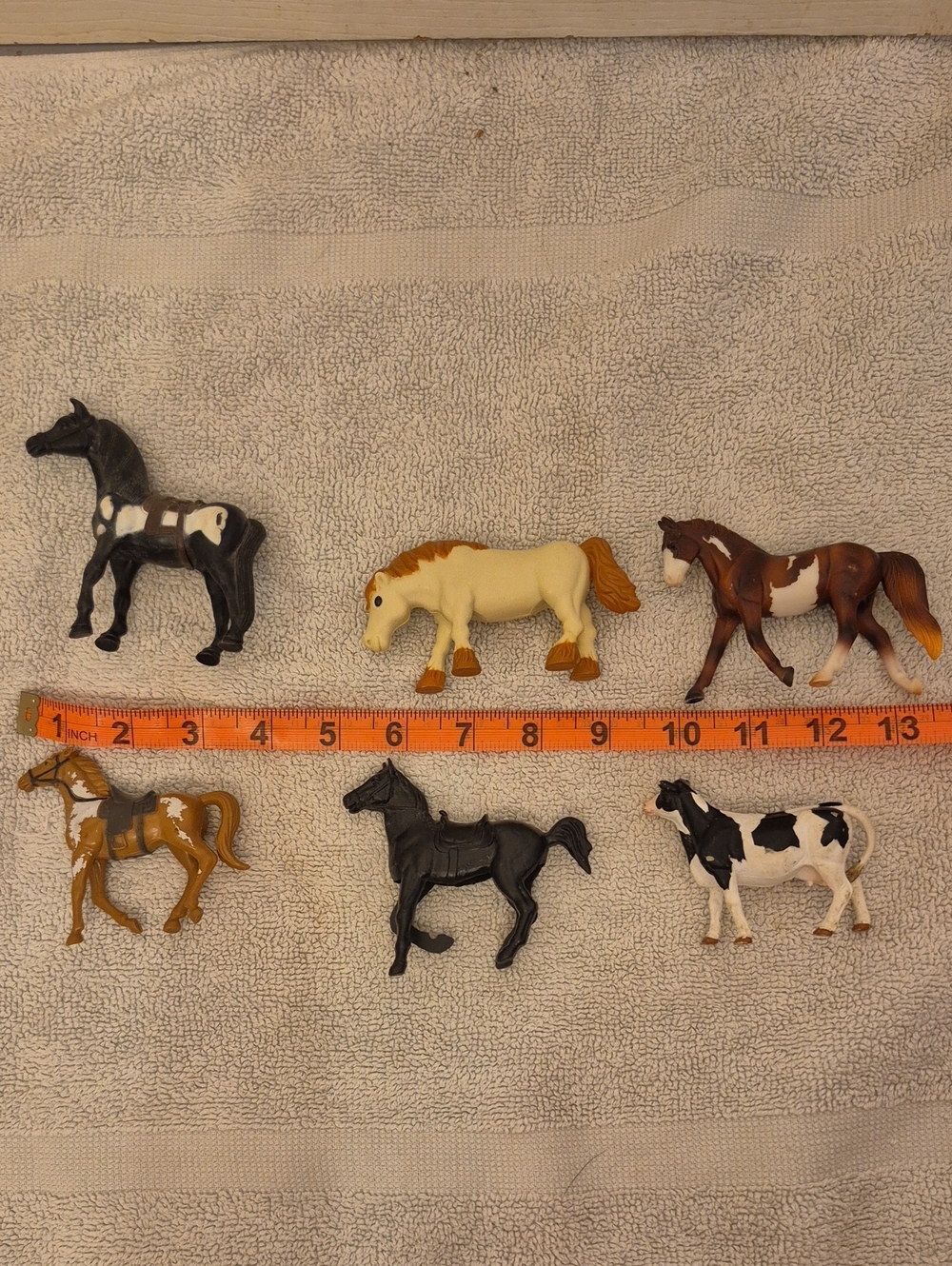 Set of Six Assorted Horses and Cow Figurines in Black, Brown, Tan, Cream, White